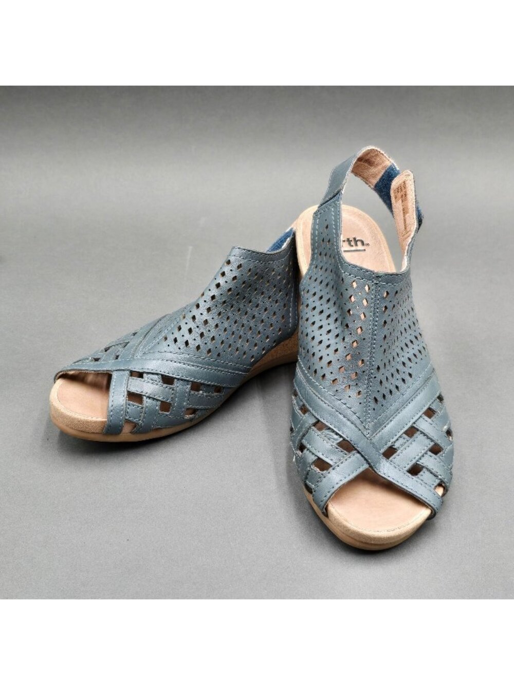 Earth Pisa Galli Blue Leather Wedge Sandals Size 7 Perforated Slingback